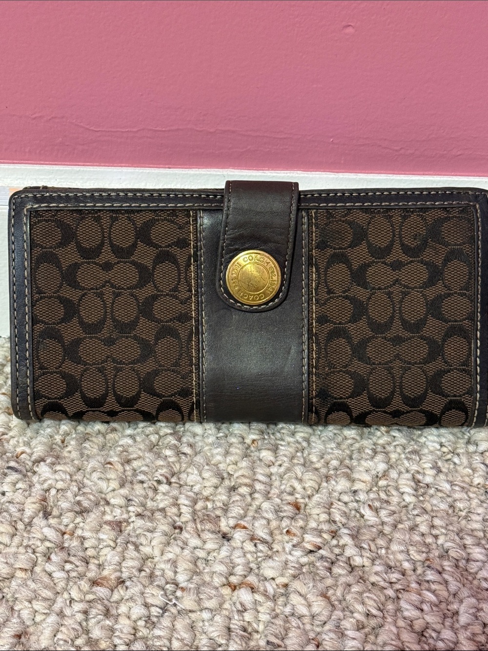 Vintage Coach Brown Signature Canvas Continental Wallet with Gold Snap